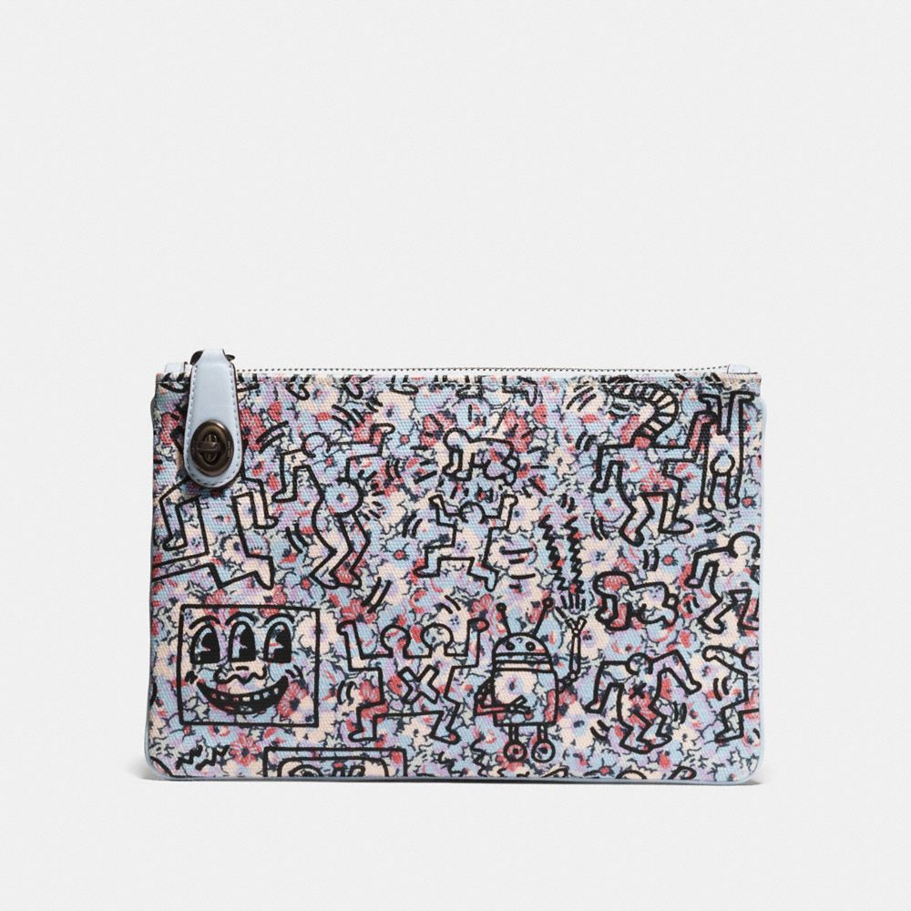 COACH®,COACH X KEITH HARING TURNLOCK POUCH 26,canvas,Pewter/Ice Blue,Front View