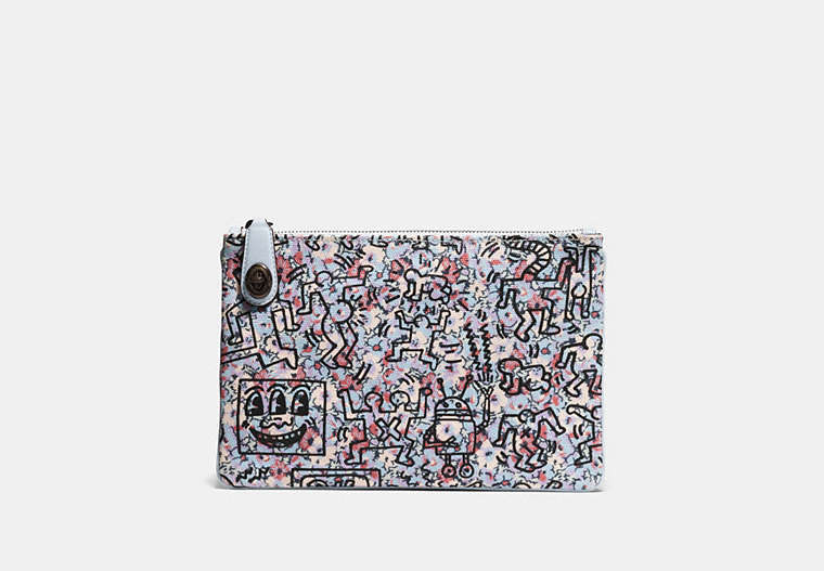 COACH®,COACH X KEITH HARING TURNLOCK POUCH 26,canvas,Pewter/Ice Blue,Front View image number 0