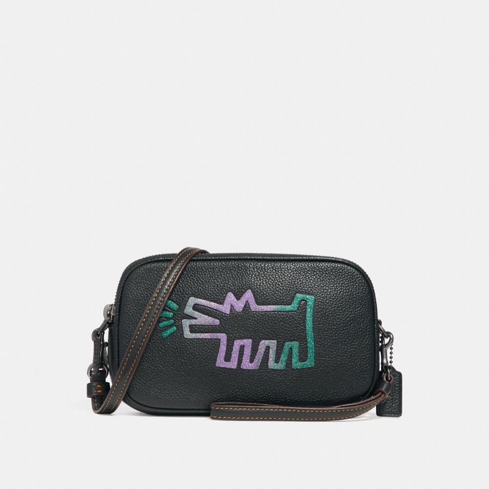 COACH®,COACH X KEITH HARING SADIE CROSSBODY CLUTCH,Leather,Black Copper/Black,Front View image number 0