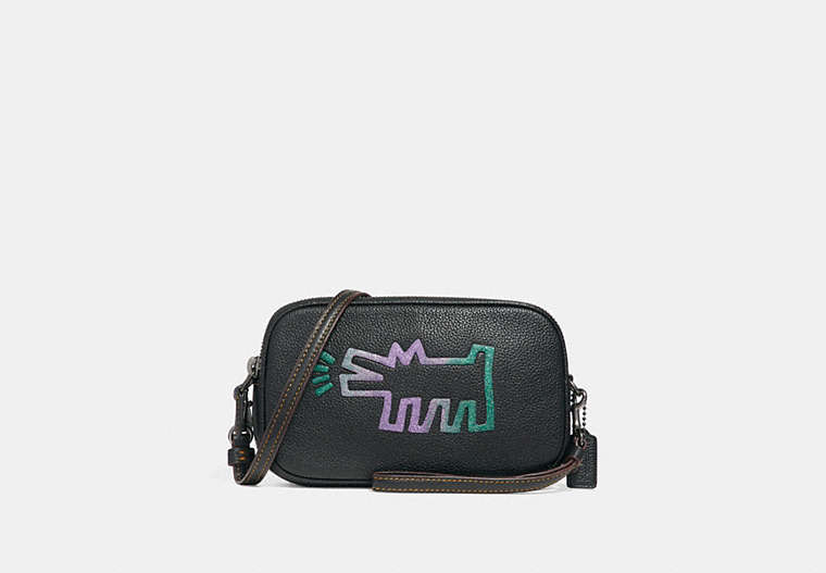 COACH®,COACH X KEITH HARING SADIE CROSSBODY CLUTCH,Leather,Black Copper/Black,Front View image number 0