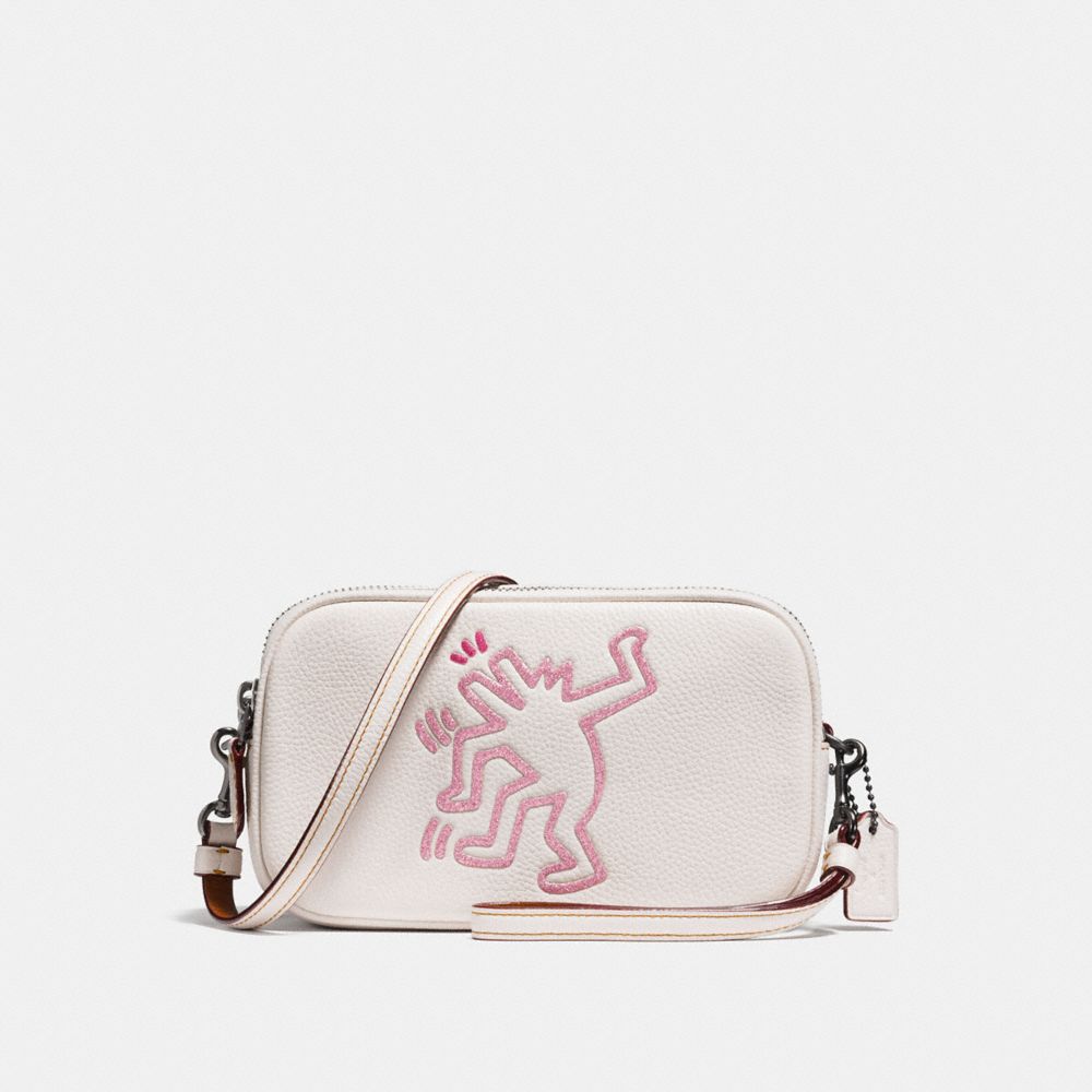 COACH®,COACH X KEITH HARING SADIE CROSSBODY CLUTCH,Leather,Black Copper/Chalk,Front View