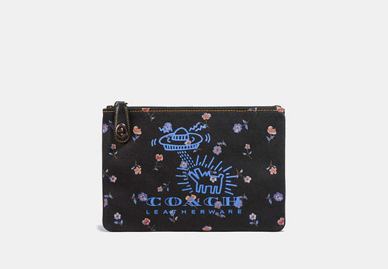 COACH®,COACH X KEITH HARING TURNLOCK POUCH 26,canvasstretch,Black Copper/Black,Front View image number 0
