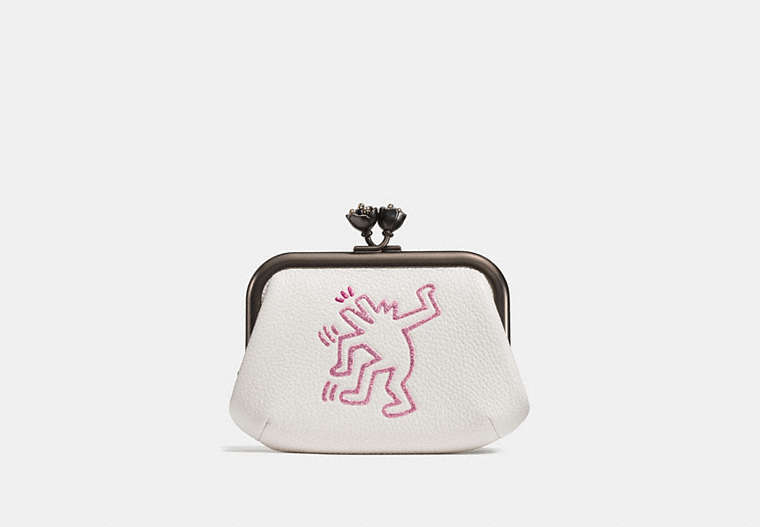COACH®,COACH X KEITH HARING FRAME POUCH,Leather,Black Copper/Chalk,Front View