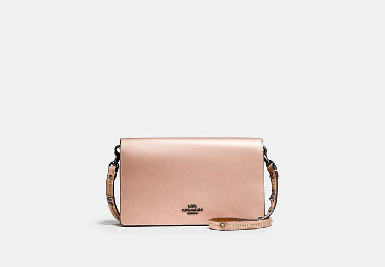 COACH®,FOLDOVER CHAIN CLUTCH WITH TEA ROSE,Leather,Mini,BP/Metallic Pink Gold,Front View