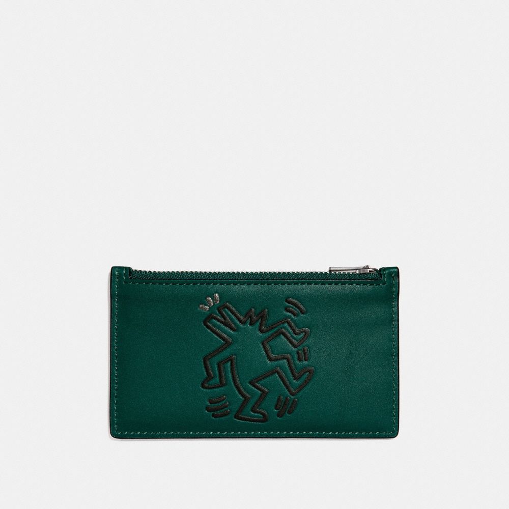 COACH®,COACH X KEITH HARING ZIP CARD CASE,Leather,Emerald Dancing Dog,Front View