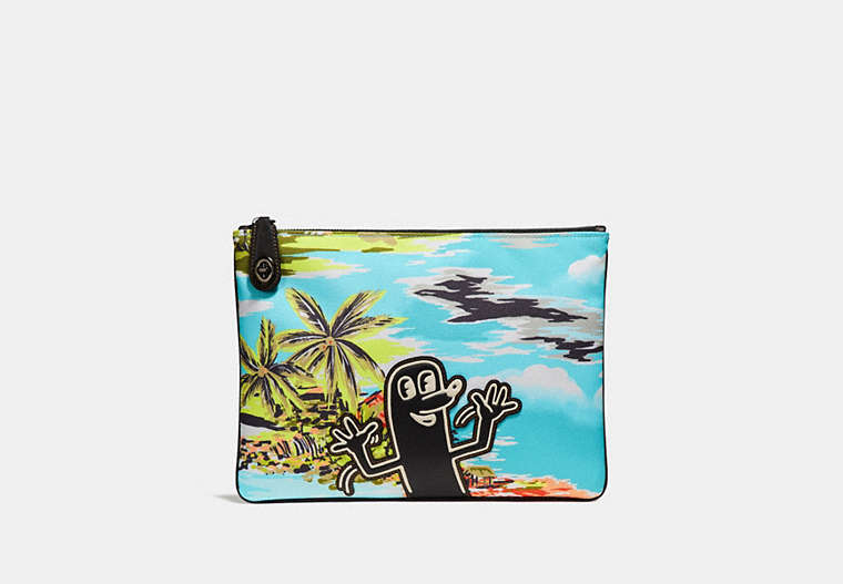 COACH®,COACH X KEITH HARING POUCH,Synthetic,Hawaiian Blue Sausage Man,Front View