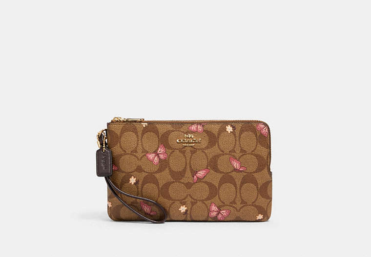 COACH®,DOUBLE ZIP WALLET IN SIGNATURE CANVAS WITH BUTTERFLY PRINT,pvc,Gold/Khaki Pink Multi,Front View