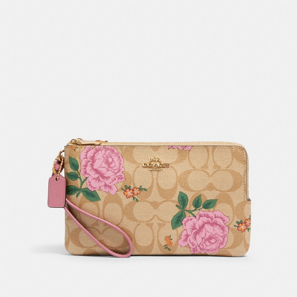 Portefeuille double à zip en toile Signature avec imprimé Rose des prés