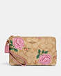 COACH®,DOUBLE ZIP WALLET IN SIGNATURE CANVAS WITH PRAIRIE ROSE PRINT,pvc,Gold/Khaki Multi,Front View