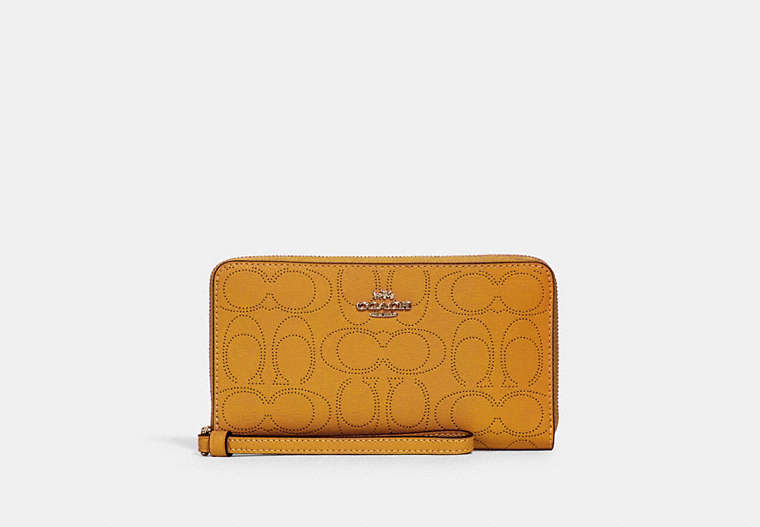 COACH®,LARGE PHONE WALLET IN SIGNATURE LEATHER,Gold/Honey,Front View