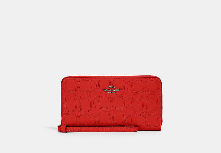 COACH®,LARGE PHONE WALLET IN SIGNATURE LEATHER,Gunmetal/Miami Red,Front View