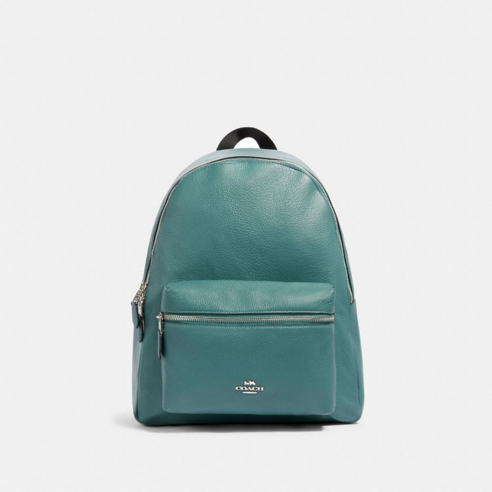 COACH®,CHARLIE BACKPACK,Pebbled Leather,X-Large,Silver/Dark Turquoise,Front View