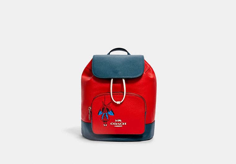 COACH®,COACH │ MARVEL JES BACKPACK WITH SPIDER-MAN,Leather,Silver/Miami Red Multi,Front View
