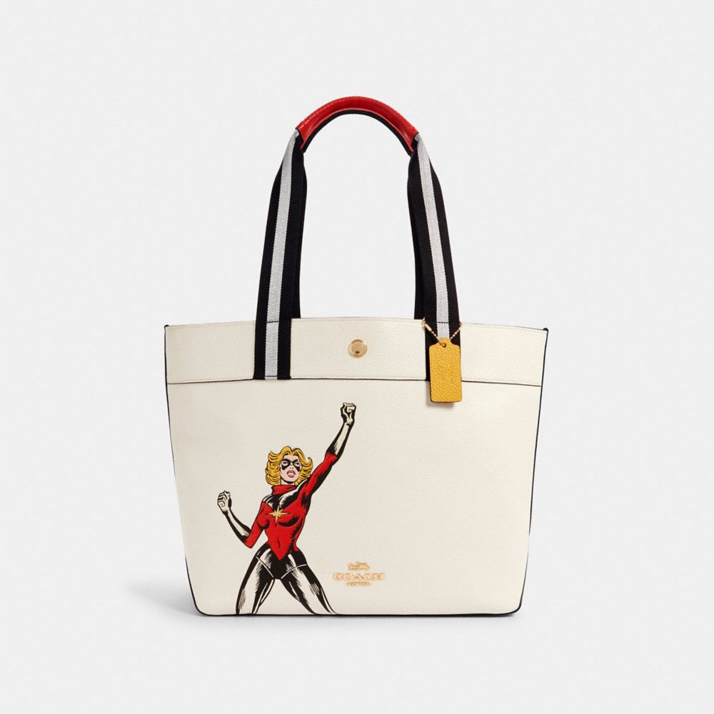 COACH®,COACH │ MARVEL JES TOTE WITH CAROL DANVERS,Gold/Chalk Multi,Front View