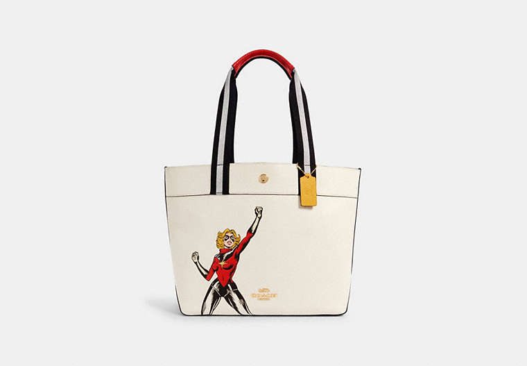 COACH®,COACH │ MARVEL JES TOTE WITH CAROL DANVERS,Gold/Chalk Multi,Front View