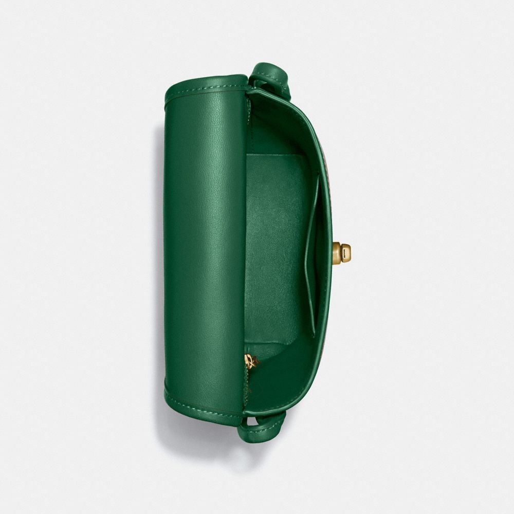 COACH®,TURNLOCK POUCH,Leather,Small,Brass/Green,Inside View,Top View