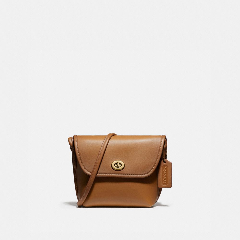 COACH®,TURNLOCK POUCH,Leather,Small,Brass/Light Saddle,Front View