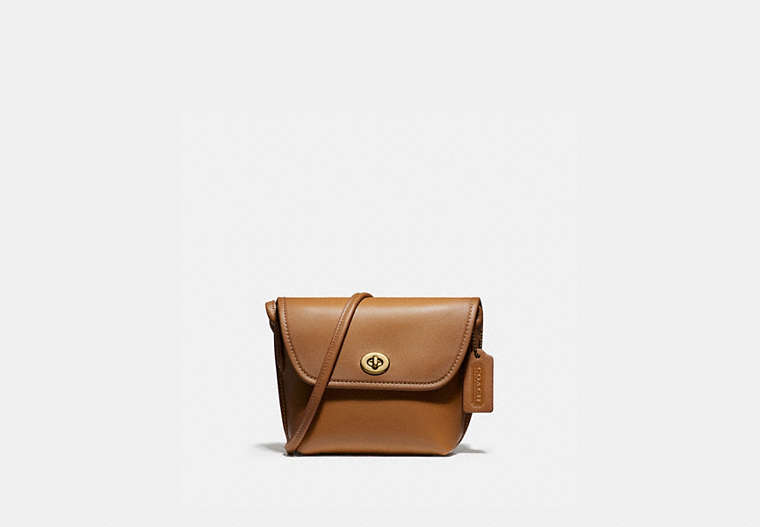 COACH®,TURNLOCK POUCH,Leather,Small,Brass/Light Saddle,Front View