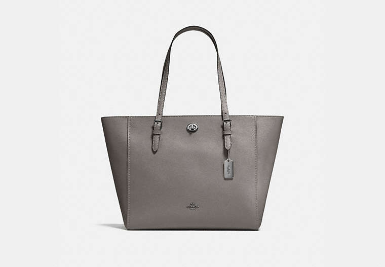 COACH®,TURNLOCK TOTE,Leather,Large,Dark Gunmetal/Heather Grey,Front View