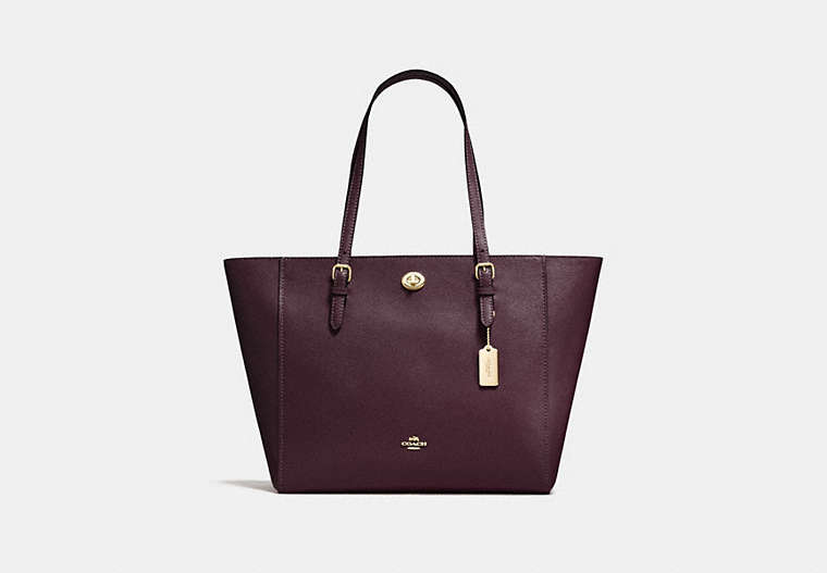 COACH®,TURNLOCK TOTE,Leather,Large,Light Gold/Oxblood,Front View