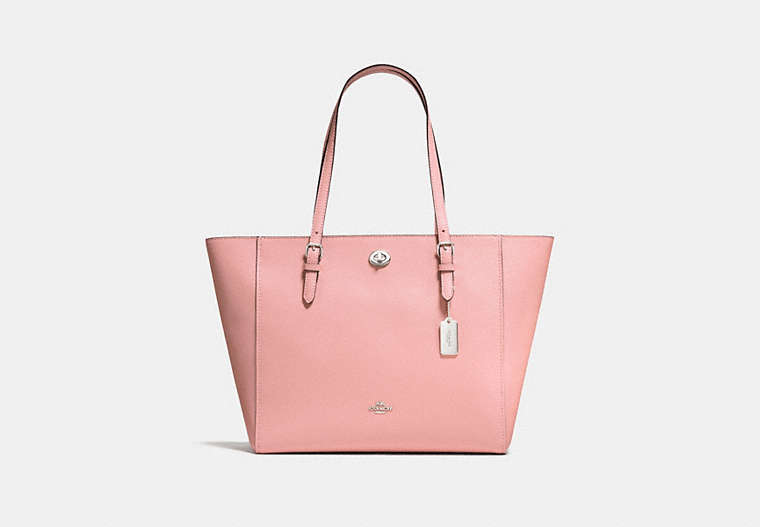COACH®,TURNLOCK TOTE,Leather,Large,Silver/Peony,Front View