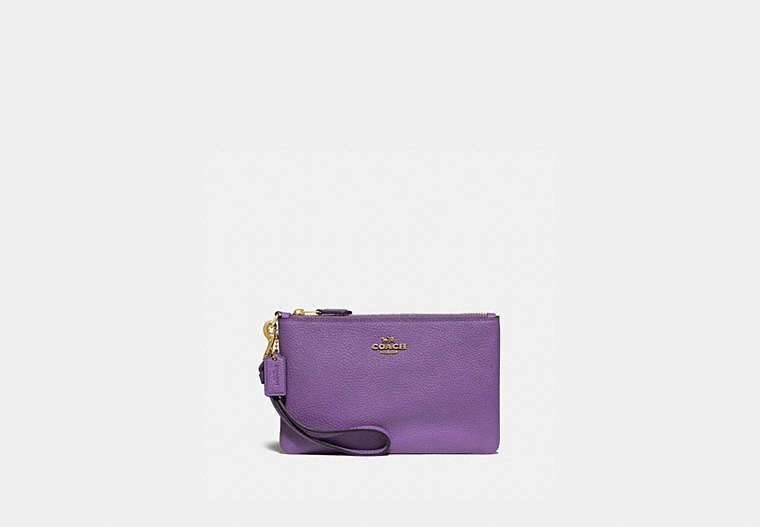 COACH®,SMALL WRISTLET,Leather,Mini,Brass/Bright Violet,Front View