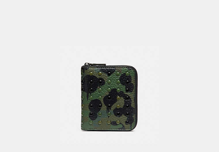 COACH®,SMALL ZIP AROUND WALLET WITH CAMO PRINT AND RIVETS,Leather,SURPLUS,Front View