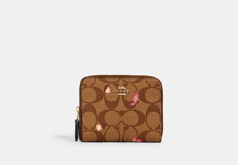 COACH®,SMALL ZIP AROUND WALLET IN SIGNATURE CANVAS WITH BUTTERFLY PRINT,Gold/Khaki Pink Multi,Front View