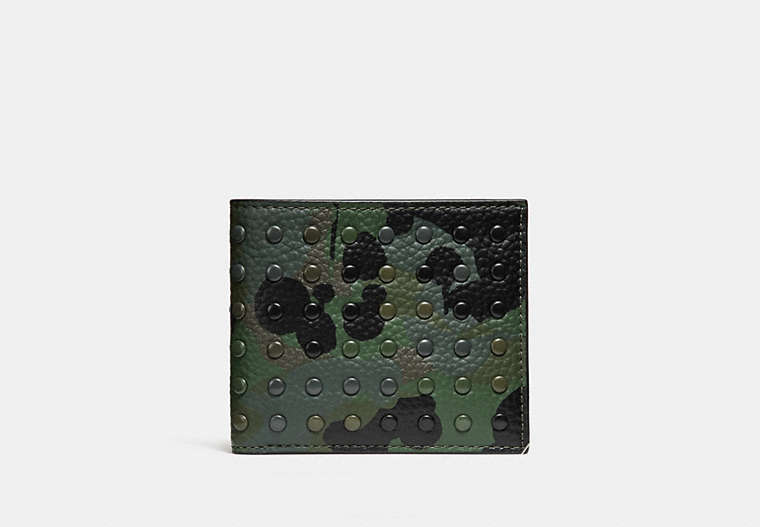 COACH®,DOUBLE BILLFOLD WALLET WITH CAMO PRINT AND STUDS,Leather,SURPLUS,Front View