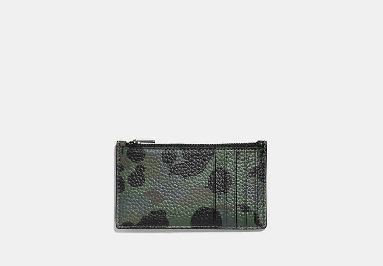 COACH®,ZIP CARD CASE WITH CAMO PRINT AND RIVETS,Leather,SURPLUS,Front View