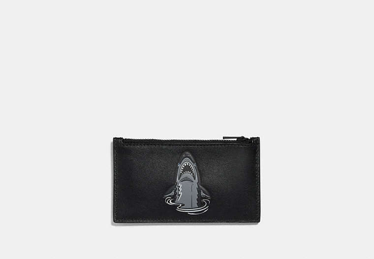 COACH®,ZIP CARD CASE WITH MASCOT,Leather,Sharky Black,Front View