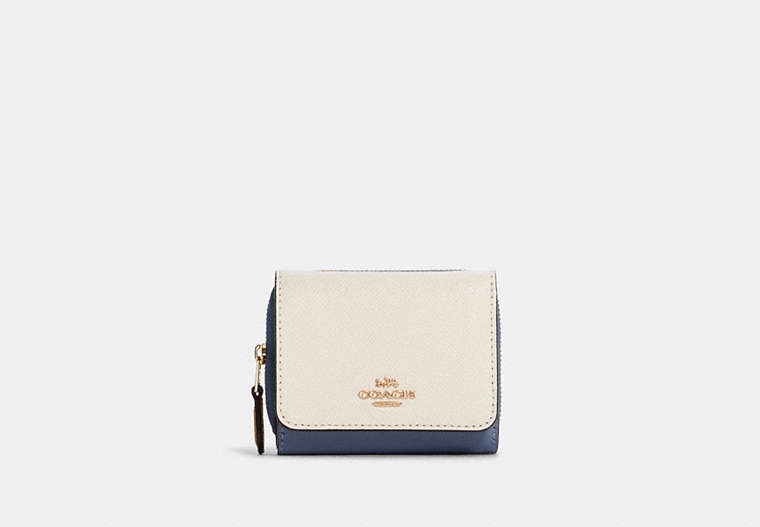 COACH®,SMALL TRIFOLD WALLET IN COLORBLOCK,Leather,Mini,Gold/Chalk Multi,Front View