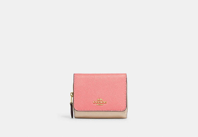 COACH®,SMALL TRIFOLD WALLET IN COLORBLOCK,Leather,Mini,Gold/Candy Pink Multi,Front View