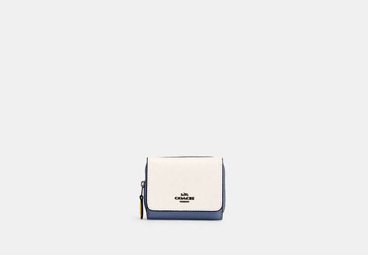COACH®,SMALL TRIFOLD WALLET IN COLORBLOCK,Leather,Mini,Gunmetal/Chalk Multi,Front View