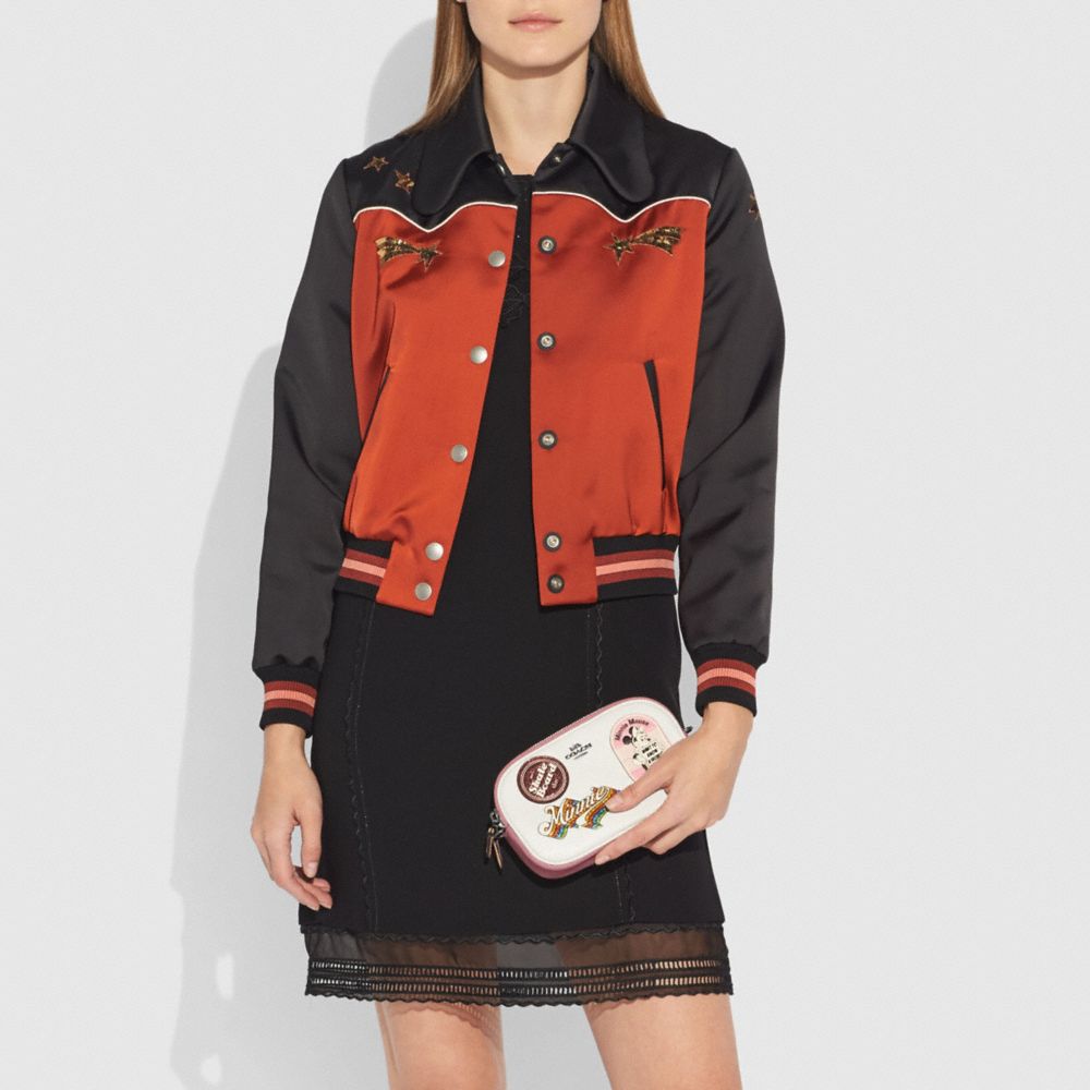 COACH®,CROSSBODY CLUTCH WITH MINNIE MOUSE PATCHES,Leather,Black Copper/Chalk,Detail View
