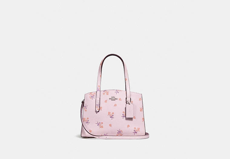 COACH®,CHARLIE CARRYALL 28 WITH FLORAL BOW PRINT,Leather,Medium,Silver/Ice Pink,Front View