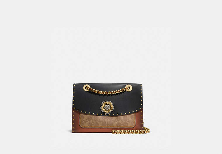 COACH®,PARKER WITH RIVETS AND SNAKESKIN DETAIL,pvc,Medium,Brass/Black Multi,Front View