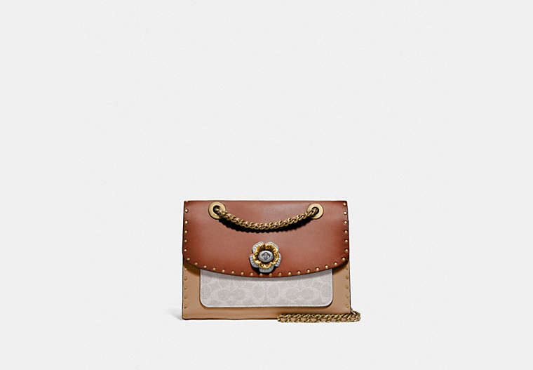 COACH®,PARKER WITH RIVETS AND SNAKESKIN DETAIL,pvc,Medium,Brass/Chalk Rust Multi,Front View
