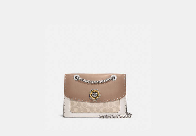 COACH®,PARKER WITH RIVETS AND SNAKESKIN DETAIL,pvc,Medium,Light Antique Nickel/Sand Taupe Multi,Front View