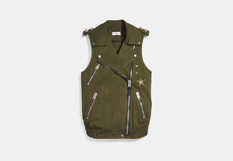 COACH®,CRYSTAL EMBELLISHED OVERSIZED VEST,cotton,Khaki Green,Front View