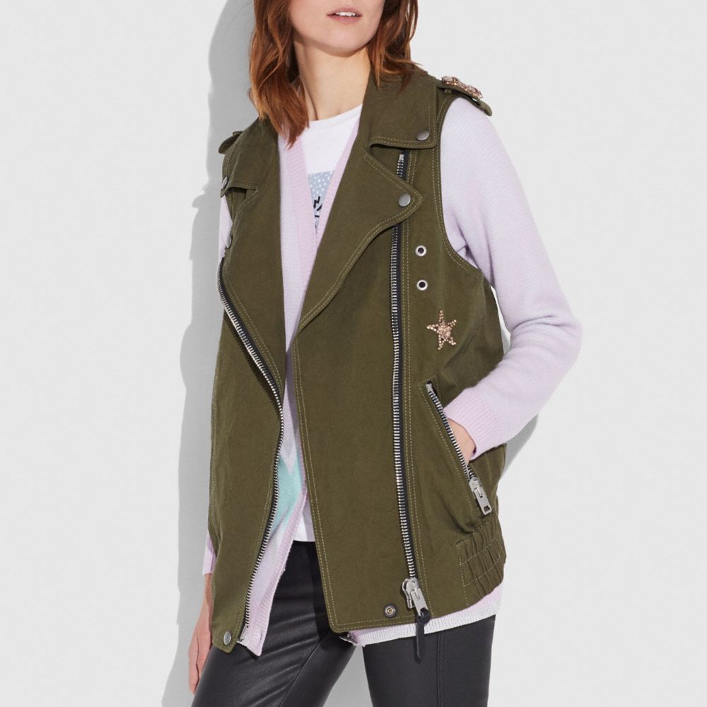 COACH®,CRYSTAL EMBELLISHED OVERSIZED VEST,cotton,Khaki Green,Scale View