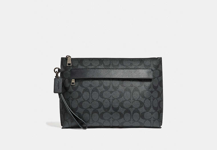 COACH®,CARRYALL POUCH IN SIGNATURE CANVAS,Leather,Medium,Charcoal/Black,Front View