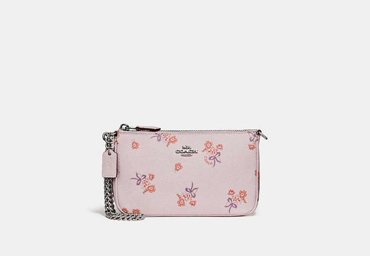 COACH®,NOLITA WRISTLET 19 WITH FLORAL BOW PRINT,Coated Canvas,Silver/Ice Pink Floral Bow,Front View