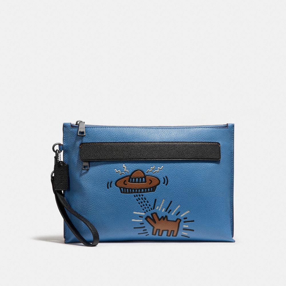 COACH®,COACH X KEITH HARING POUCH,Leather,Lapis Ufo Dog,Front View