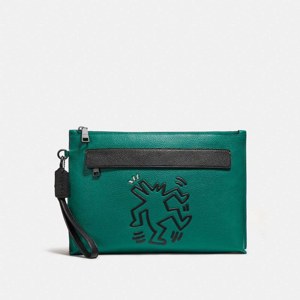 COACH®,COACH X KEITH HARING POUCH,Leather,Emerald Dancing Dog,Front View