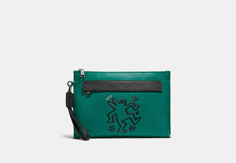 COACH®,COACH X KEITH HARING POUCH,Leather,Emerald Dancing Dog,Front View