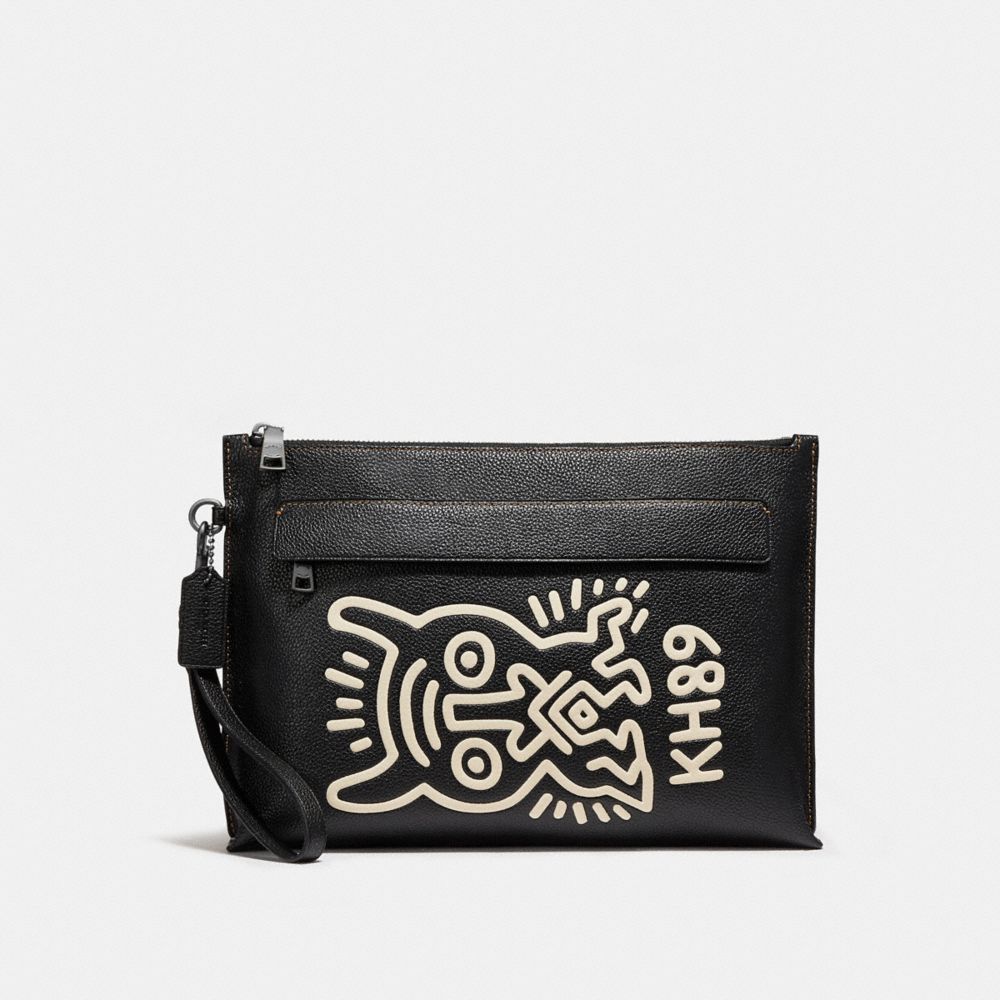 COACH®,COACH X KEITH HARING POUCH,Leather,Monster Black,Front View