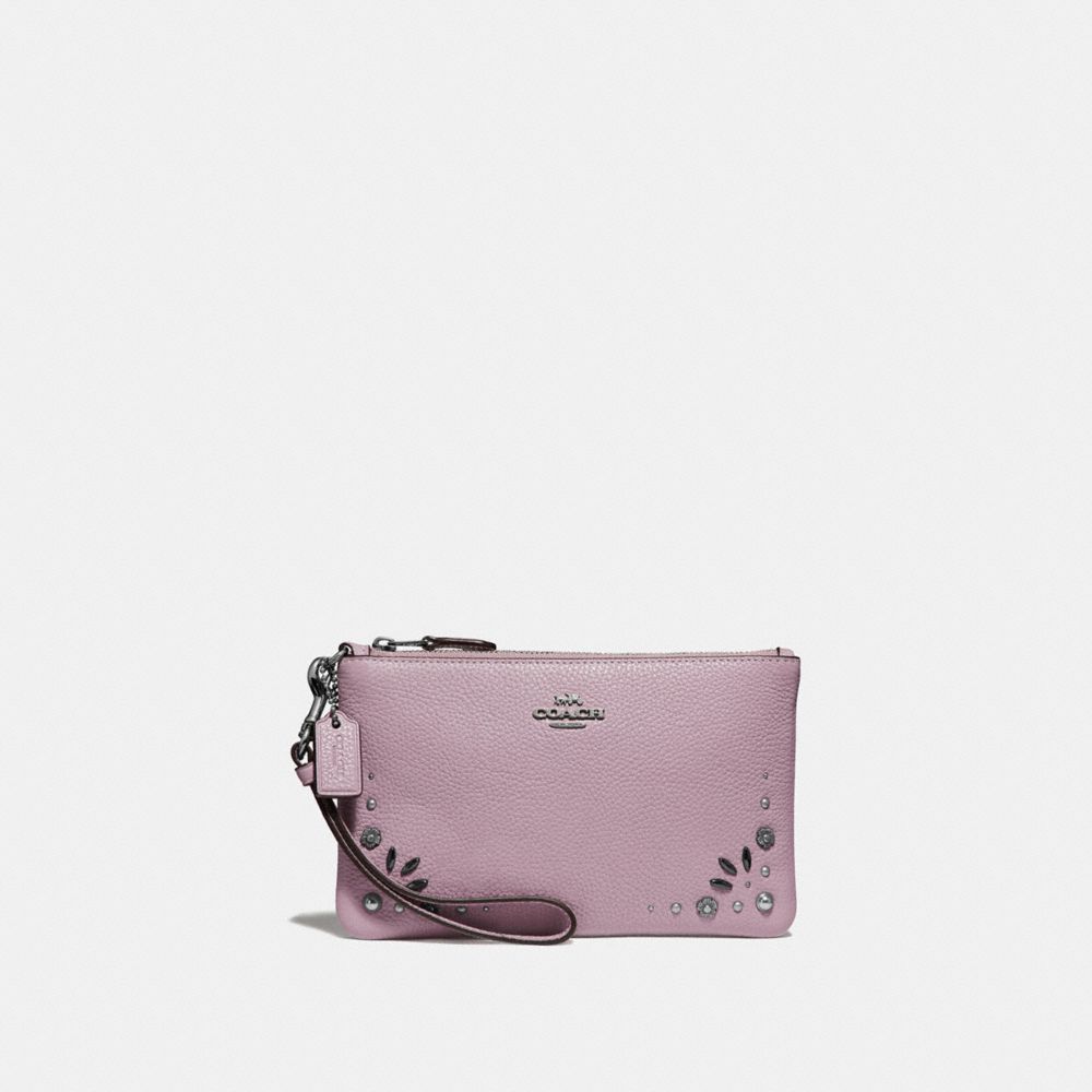 COACH®,SMALL WRISTLET WITH PRAIRIE RIVETS DETAIL,Leather,Silver/Ice Purple,Front View