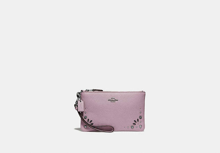 COACH®,SMALL WRISTLET WITH PRAIRIE RIVETS DETAIL,Leather,Silver/Ice Purple,Front View