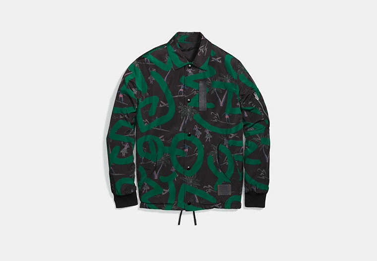 COACH®,COACH X KEITH HARING JACKET,Polyester,Keith Haring Hula Dance Black/Green,Front View